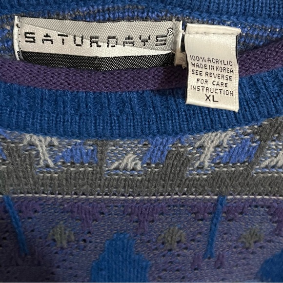 π€ Vintage 1991 Menβs Patterned Saturdays Pull Over Sweater - Picture 3 of 4